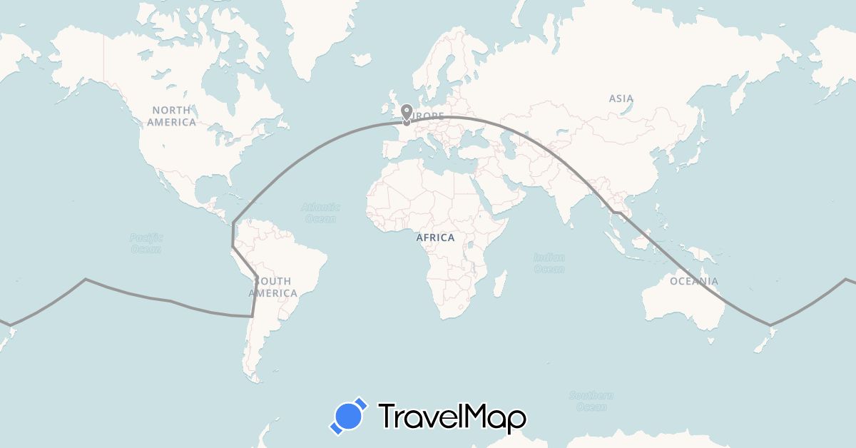 TravelMap itinerary: driving, plane in Bolivia, Chile, Ecuador, France, Cambodia, New Zealand, Panama, Thailand, Vietnam (Asia, Europe, North America, Oceania, South America)